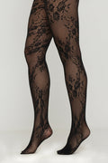Women's Black Floral Fishnet Tights - High Waisted, Stretchy Sheer Patterned Tights