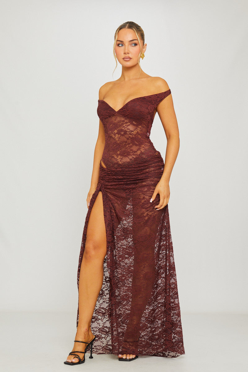 Brown Lace Off Shoulder Bodysuit & Maxi Skirt Co-Ord