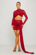 Wine Lace High Neck Crop Top & Draped Mini Skirt Co-Ord