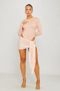 Pink Lace Bodysuit & Draped Slit Mini Skirt Co-Ord
