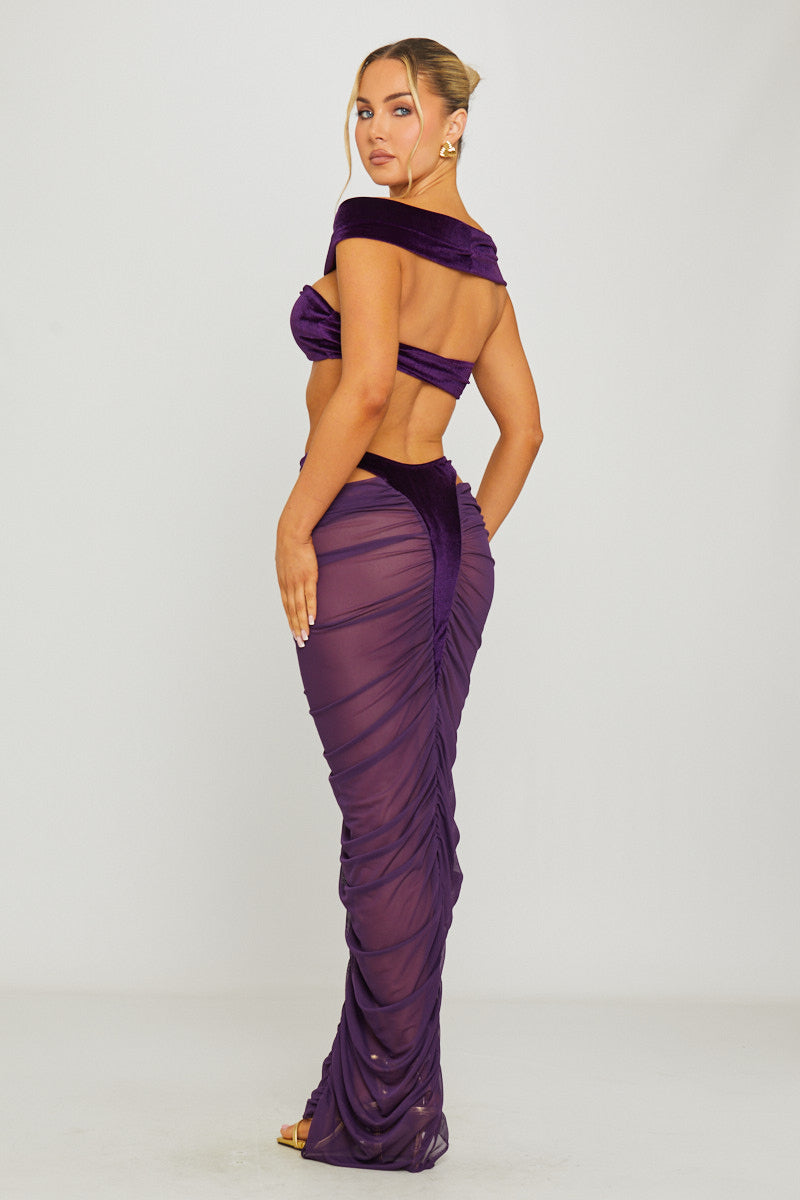 Purple Velvet Cut Out Top & Sheer Maxi Skirt Co-Ord