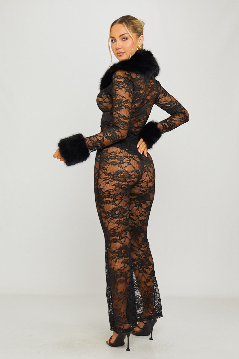 Black Faux Fur Trim Lace Cardigan & Flared Trousers Co-Ord