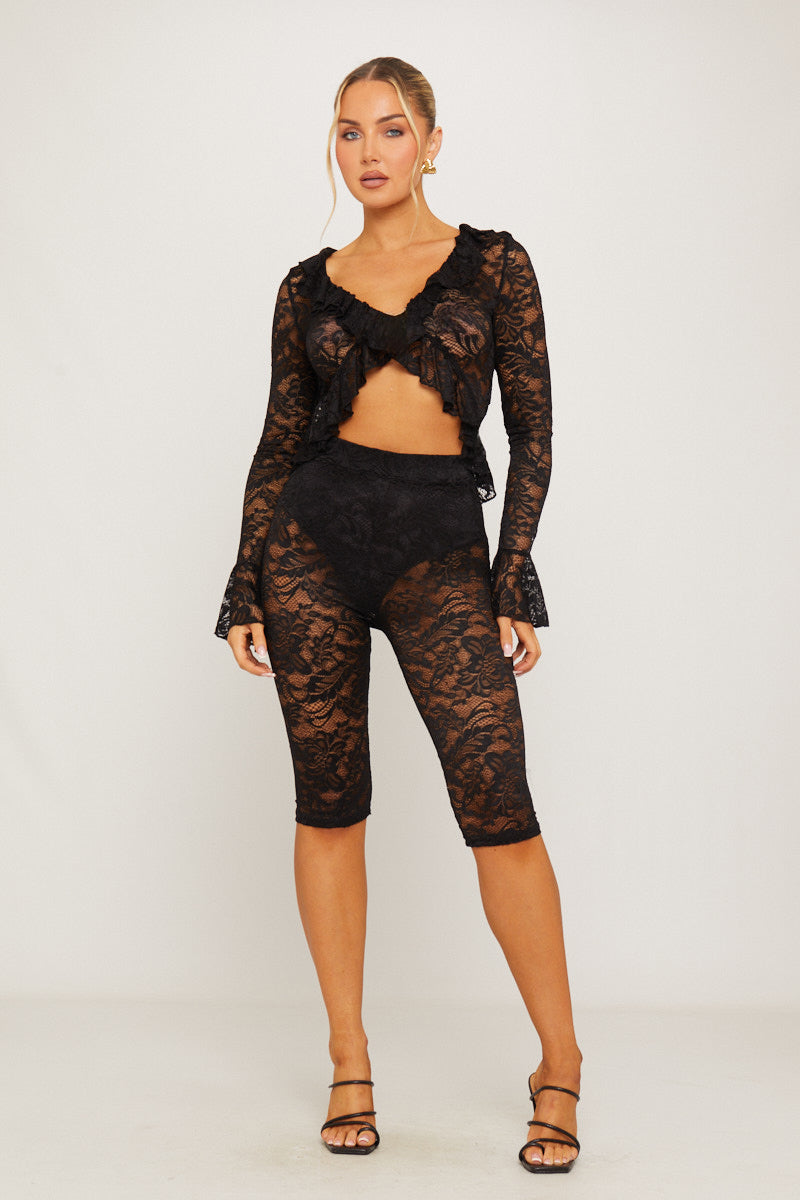 Black Lace Tie Front Ruffle Top & Capri Leggings Co-Ord