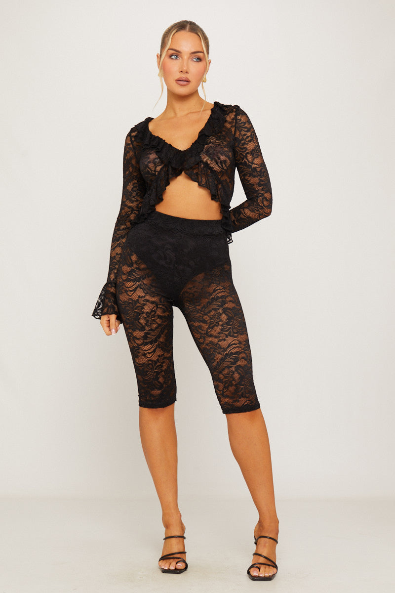 Black Lace Tie Front Ruffle Top & Capri Leggings Co-Ord