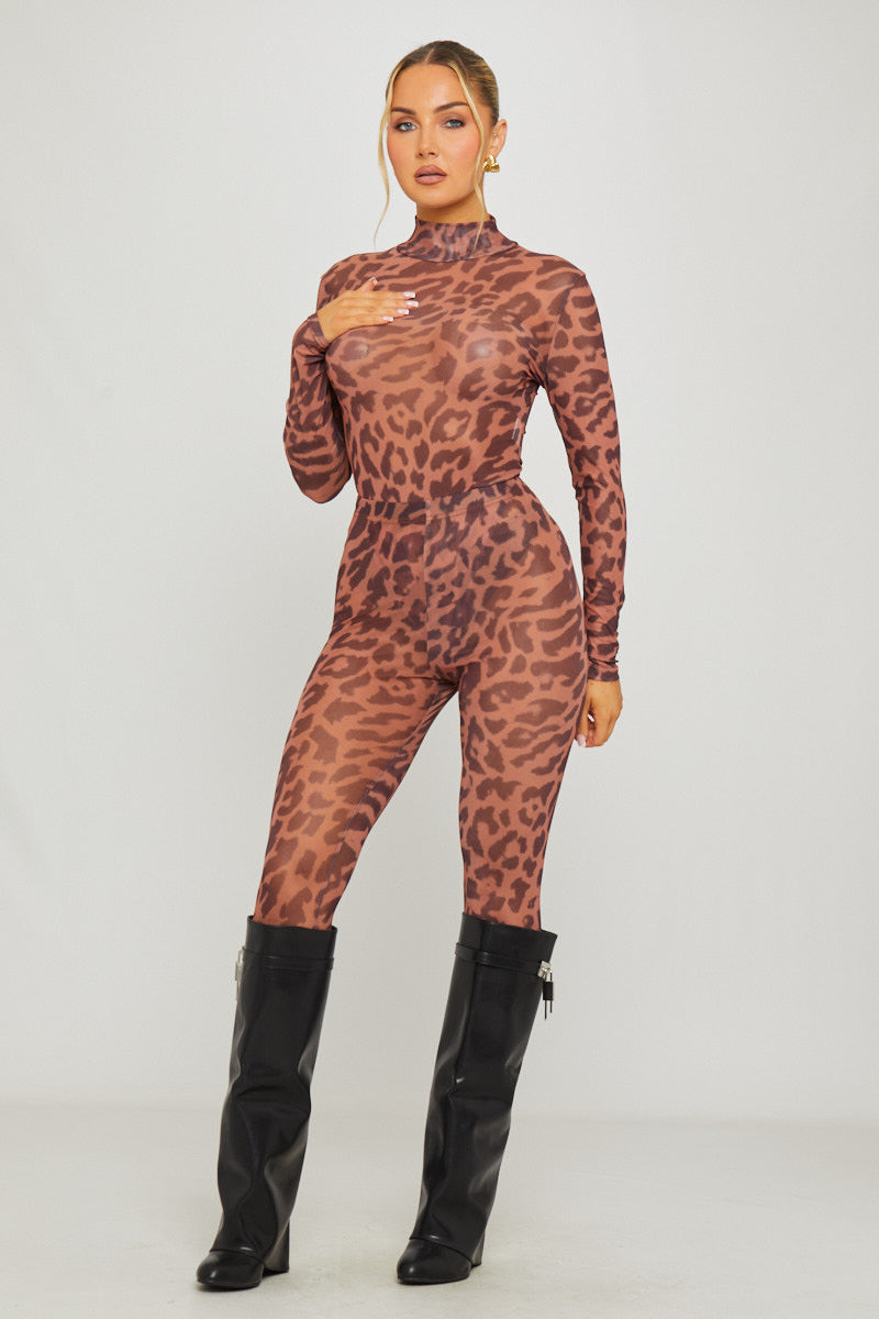 Leopard Print Sheer High Neck Bodysuit & Leggings Co-Ord