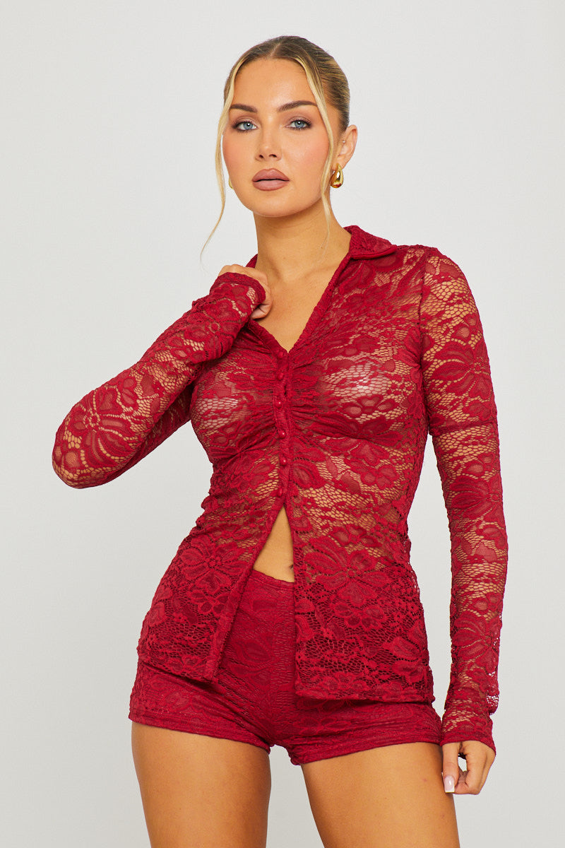 Wine Sheer Lace Button Top & Shorts Co-Ord
