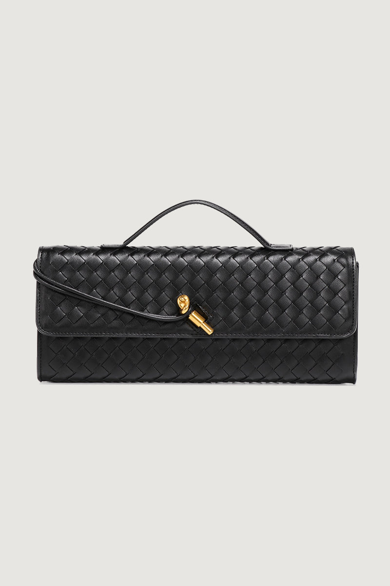 Chic Black Woven Faux Leather Top Handle Clutch Bag - Luxury Accessory for Evening & Day Wear