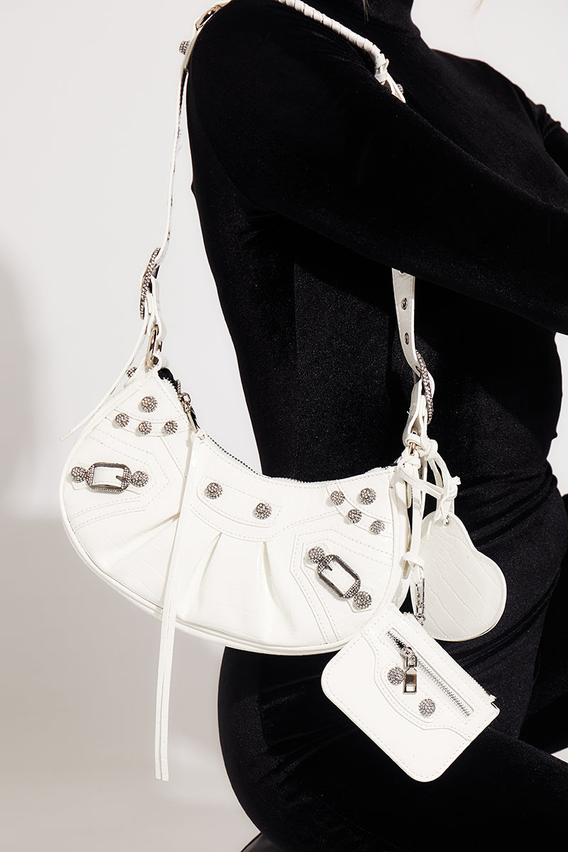 Chic White Faux Leather Cagole Shoulder Bag with Croc Texture and Biker Details