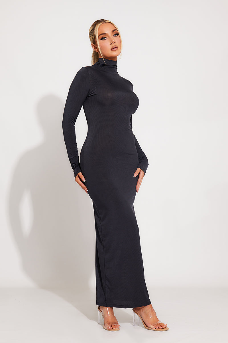 Dark Grey Ribbed High Neck Long Sleeve Midi Dress