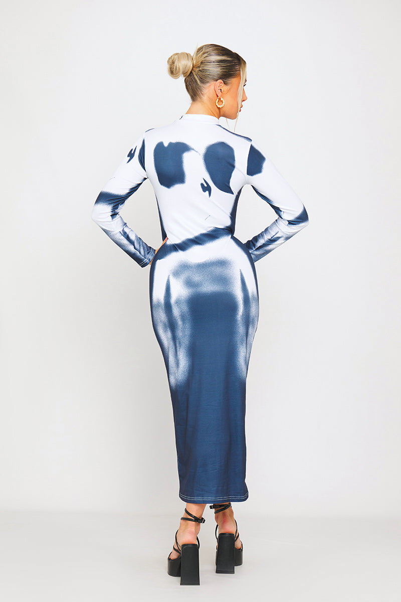 Blue & White Body Art Print High Neck Midi Dress
