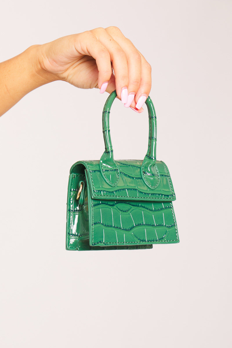 Chic Green Faux Crocodile Leather Top Handle Mini Bag with Crossbody Strap