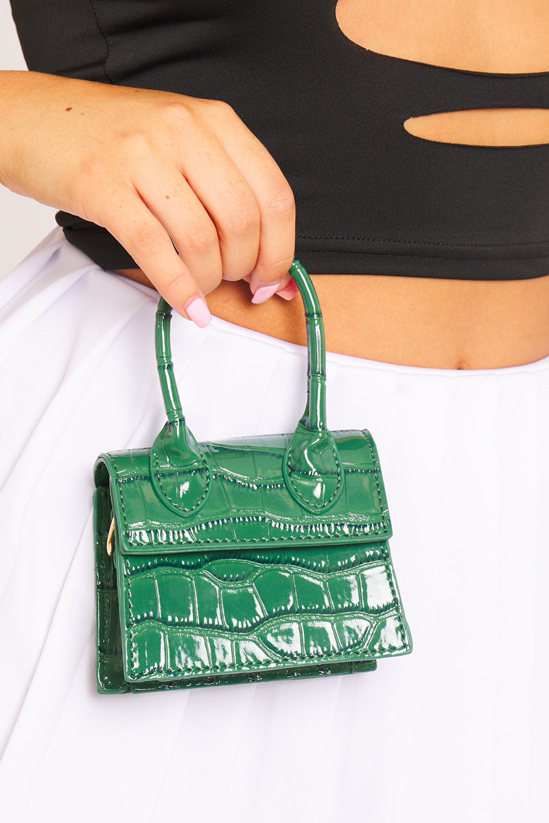 Chic Green Faux Crocodile Leather Top Handle Mini Bag with Crossbody Strap
