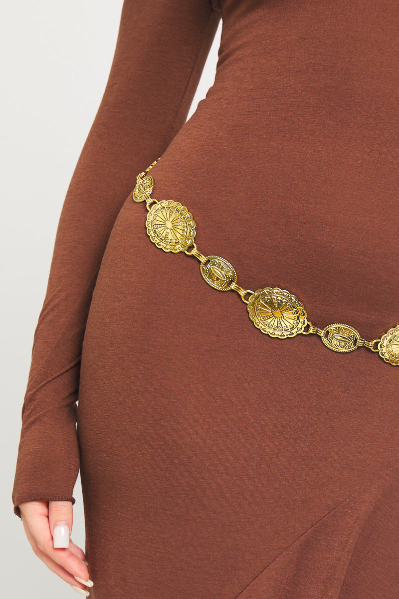 Elegant Gold Carved Detail Oval Waist Chain Belt - Adjustable Vintage Western Style Accessory