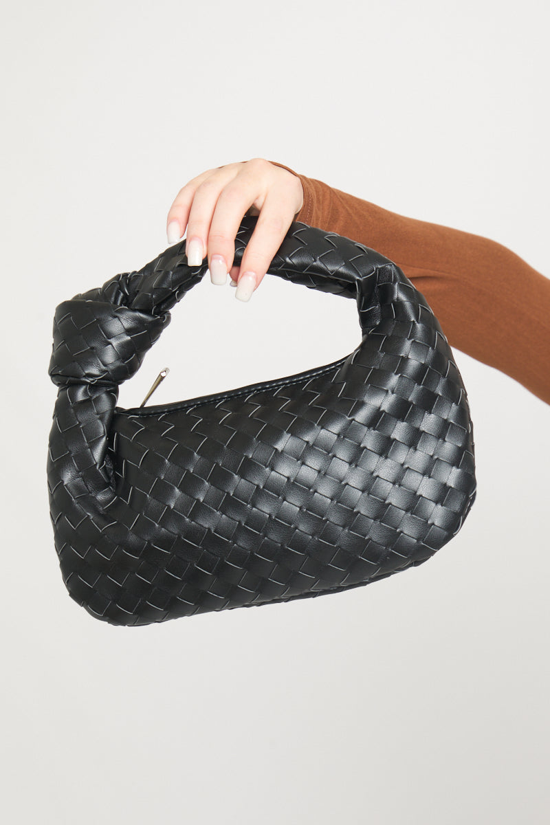 Chic Black Faux Leather Woven Knot Top Handle Mini Bag - Stylish & Versatile