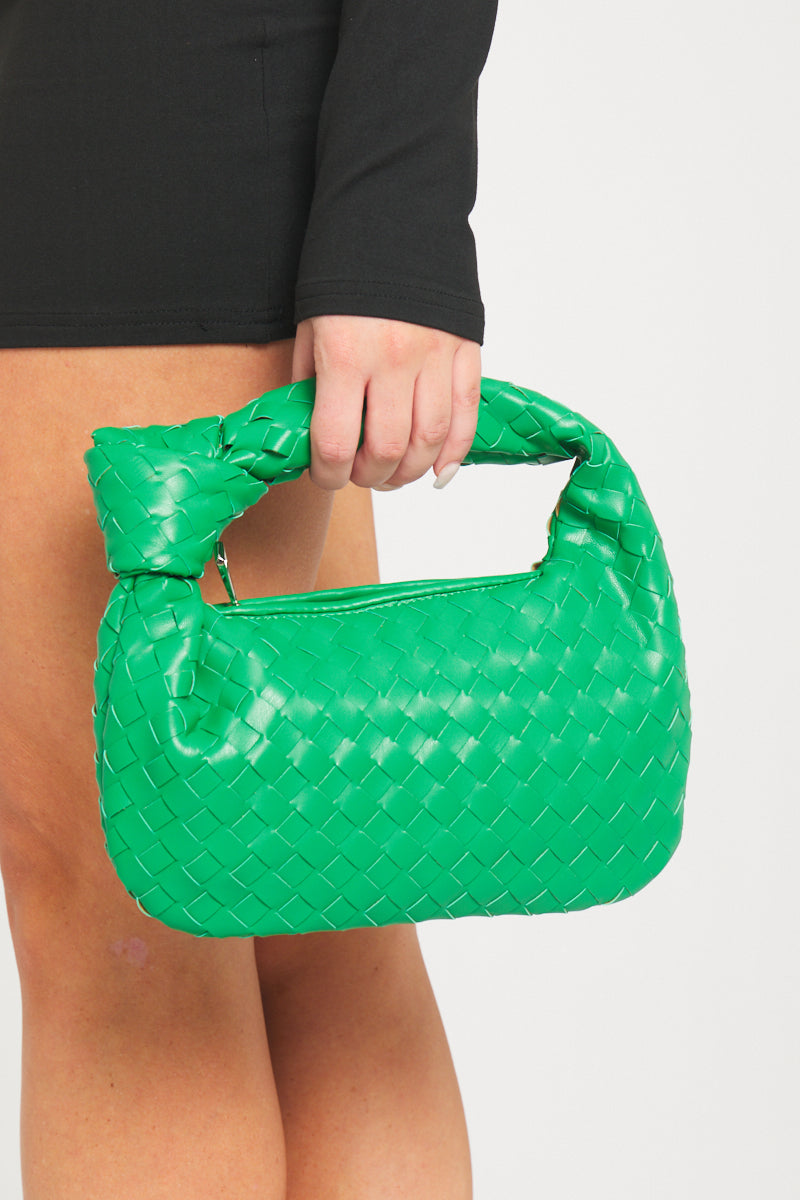 Chic Green Faux Leather Woven Knot Top Handle Mini Bag - Stylish & Versatile Accessory