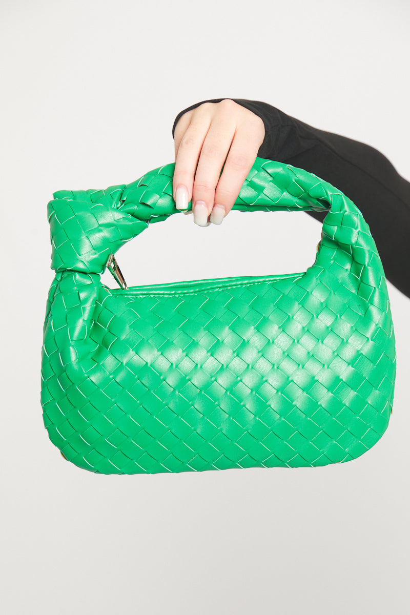 Chic Green Faux Leather Woven Knot Top Handle Mini Bag - Stylish & Versatile Accessory