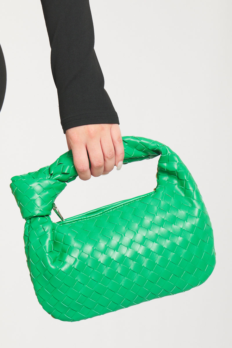 Chic Green Faux Leather Woven Knot Top Handle Mini Bag - Stylish & Versatile Accessory