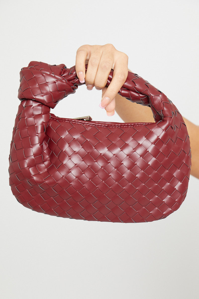 Elegant Wine Faux Leather Woven Knot Top Handle Mini Bag - Chic & Versatile
