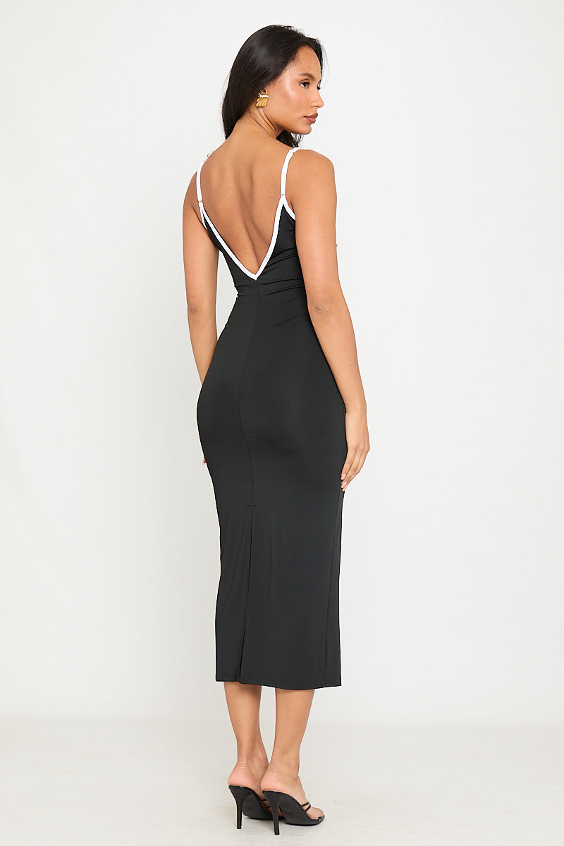 Black Contrast Plunge Detail Strappy Midi Dress