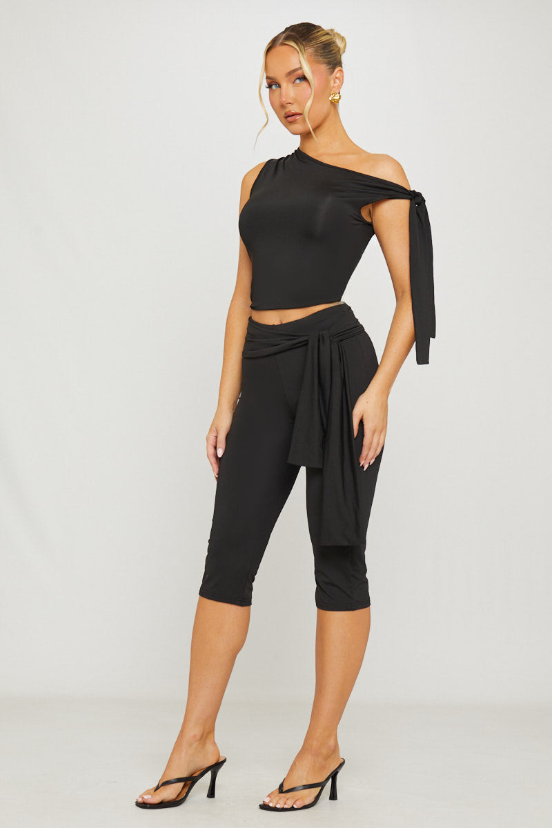 Black One Shoulder Knot Detail Top & Capri Pants Co-Ord