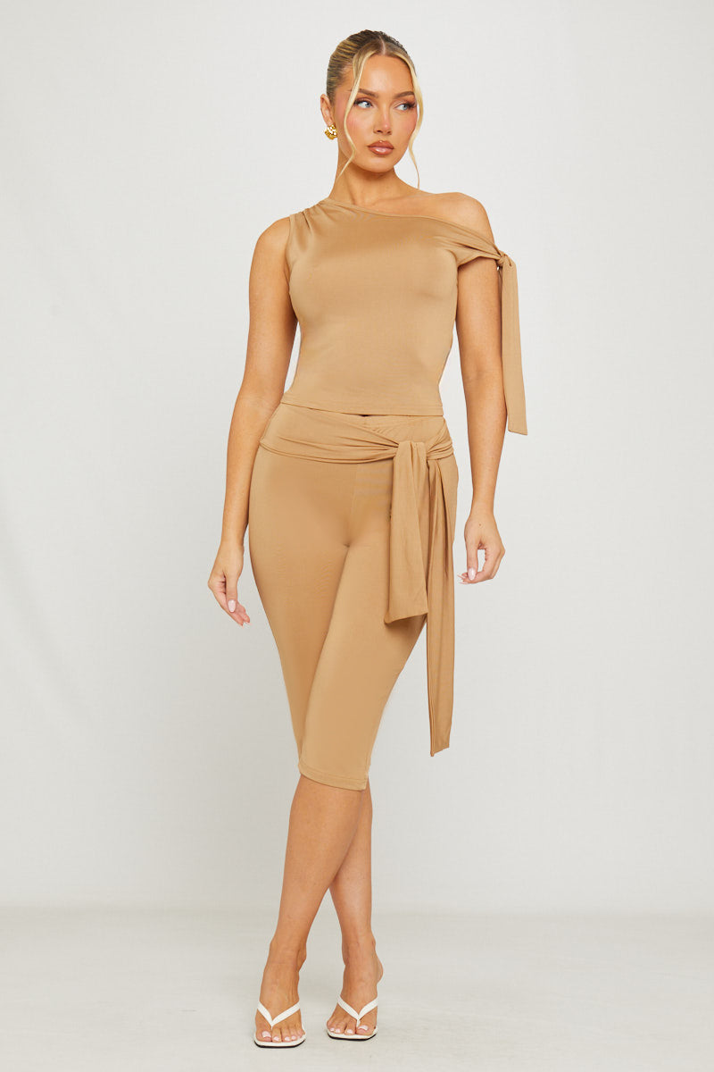 Taupe One Shoulder Knot Detail Top & Capri Pants Co-Ord