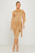 Taupe One Shoulder Knot Detail Top & Capri Pants Co-Ord