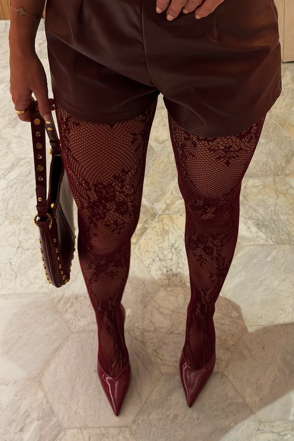 Burgundy Floral Fishnet Tights - High Waisted, Stretchy & Eye-Catching Pattern